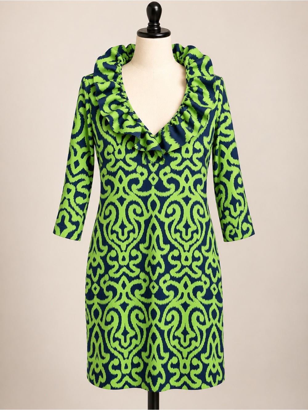Gretchen Scott Ikat Ruffle Neck Stretch Shift Dress Green Navy Medium